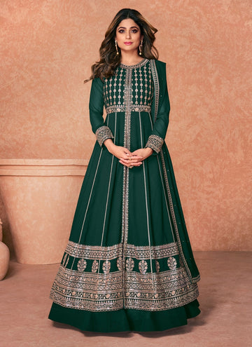 Thread Embroidery Work Georgette Green anarkali dress for women